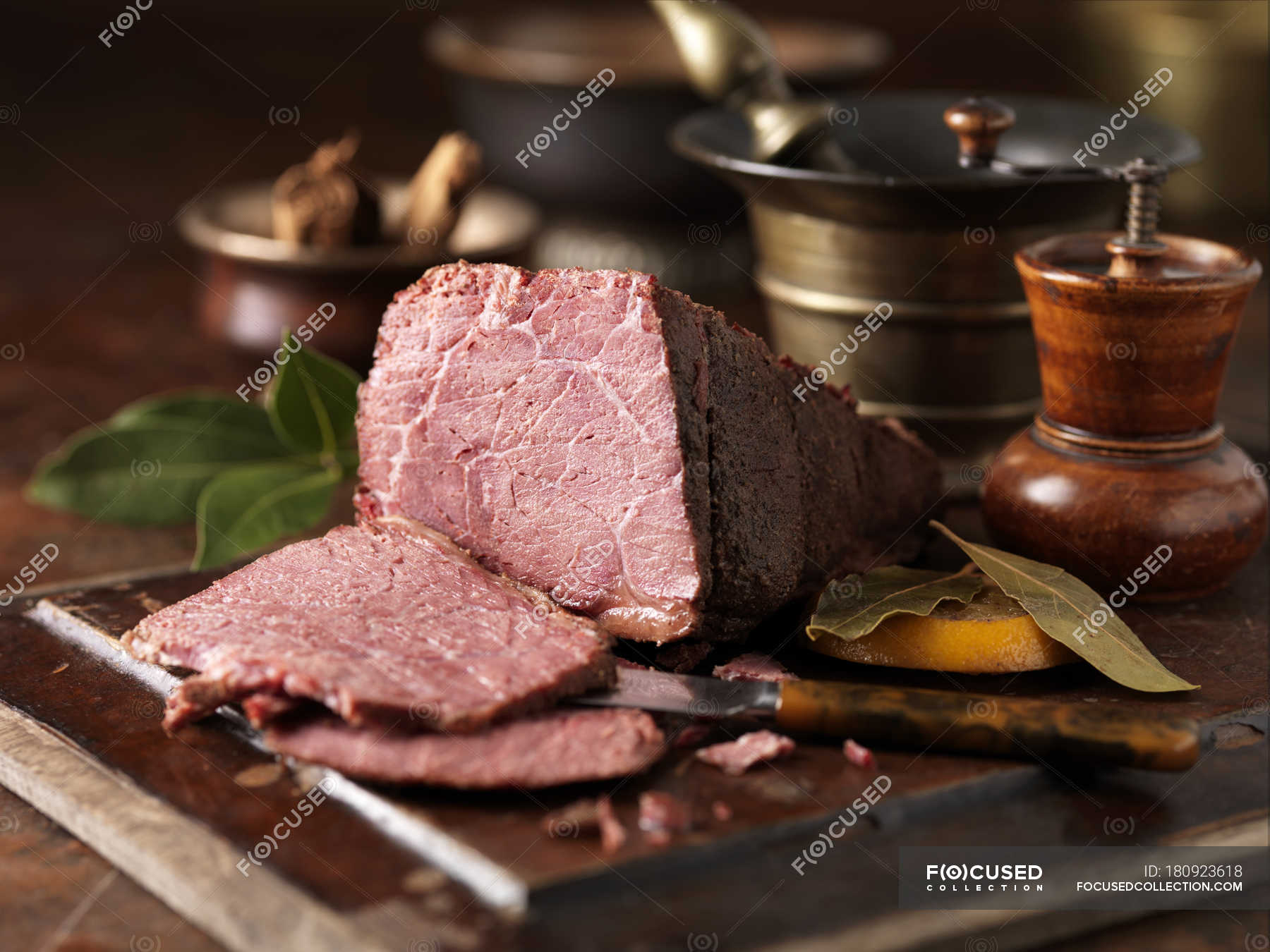 Dry cured pieced salt beef joint with orange leaves — Healthy Eating