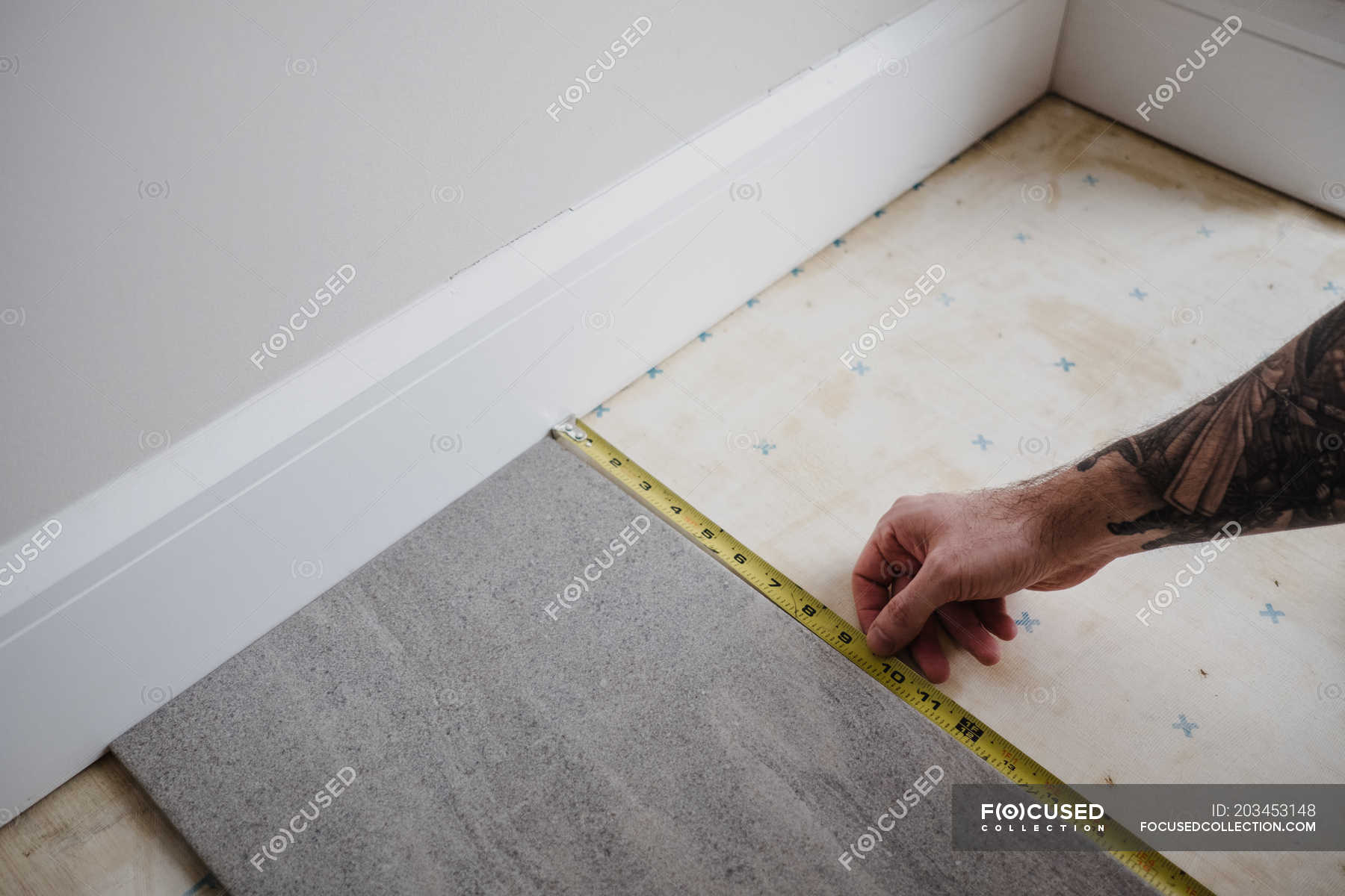 Cropped View Of Man Measuring Floor Tiles One Person Home