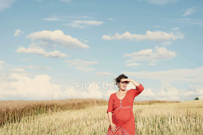 Mujer embarazada en campo de trigo - foto de stock