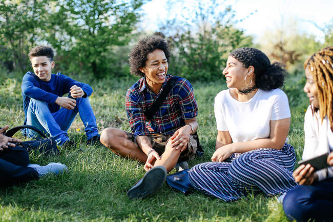 Group of friends sitting on grass — Stock Photo