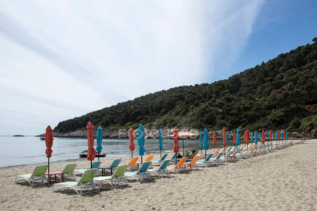 Порожній пляж з рядами пляжних парасольок — стокове фото
