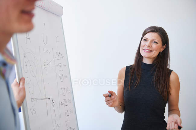 Colleagues in office using flipchart — Stock Photo