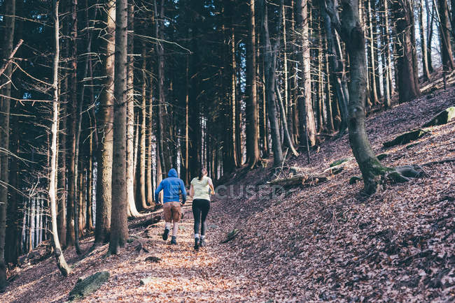 Correndo casal correndo em trilha florestal — Fotografia de Stock