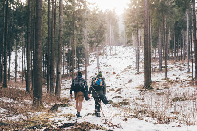 Senderismo pareja senderismo en el bosque nevado - foto de stock