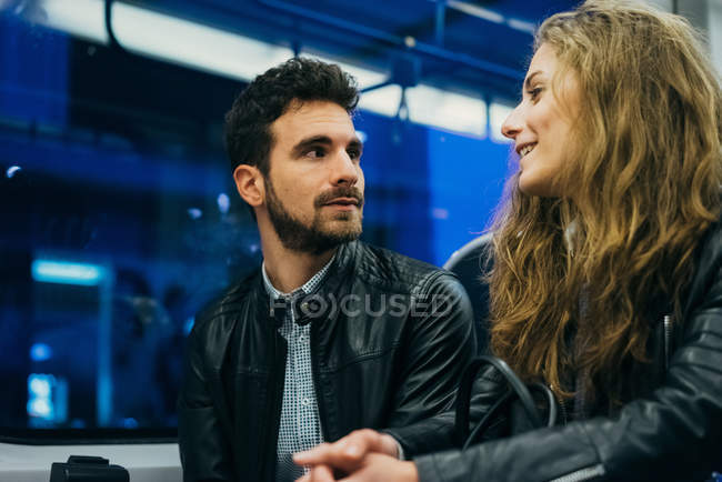 Couple at tramway platform — Stock Photo