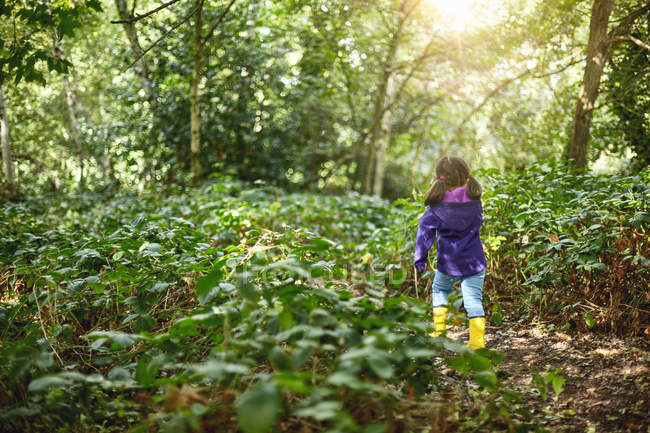 Giovane ragazza che cammina attraverso la foresta — Foto stock