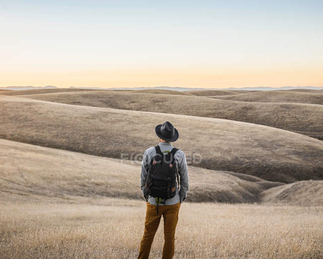 Man looking out at rolling prairie hills — Stock Photo