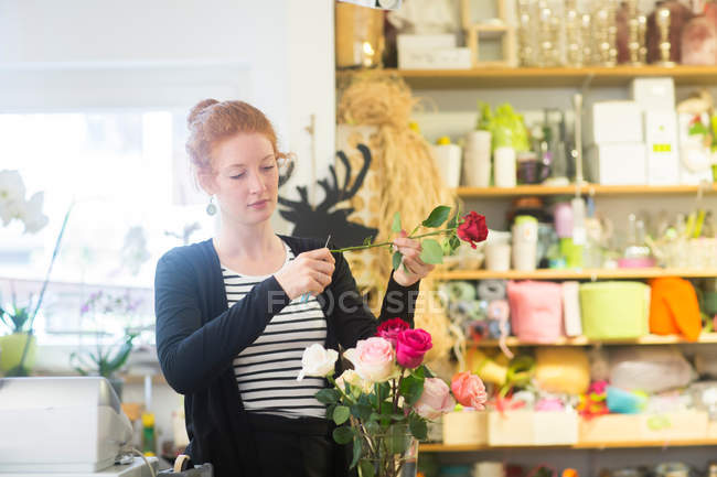 Флорист розставляє квіти в магазині — стокове фото