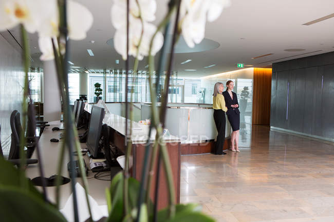 Businesswomen talking in reception area of office — Stock Photo