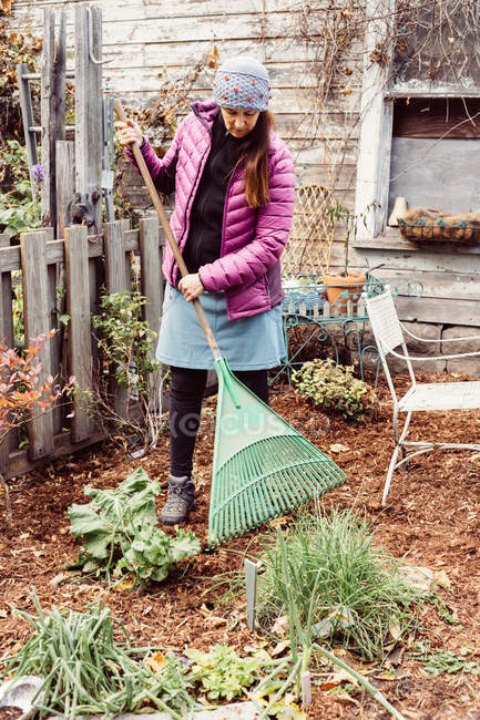 Mulher raking jardim — Fotografia de Stock