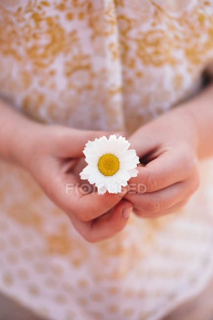 Menina segurando flor margarida — Fotografia de Stock
