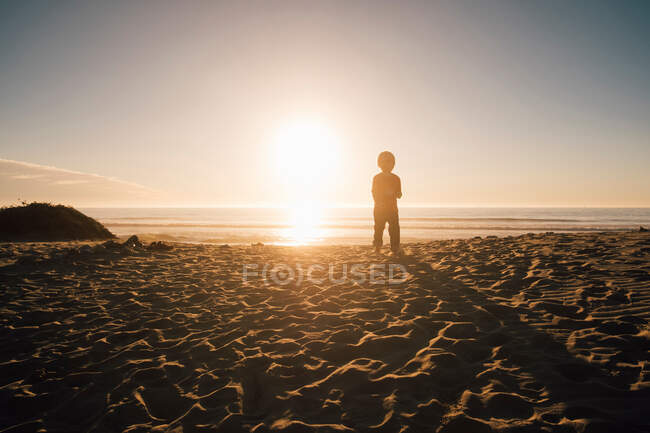 Niño de pie en la playa, Buellton, California, EE.UU. - foto de stock
