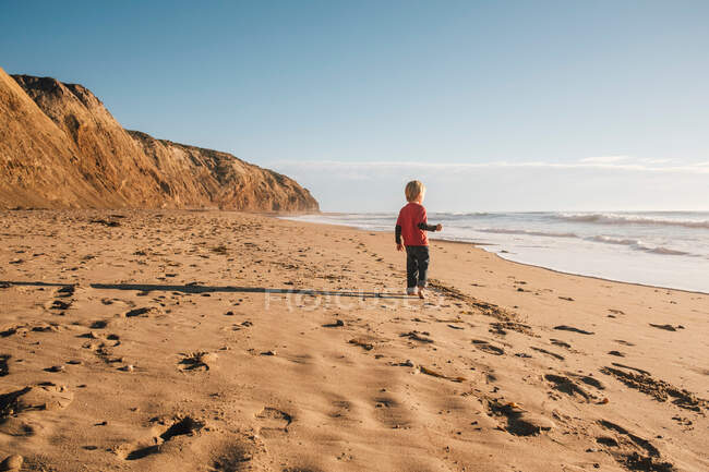 Ragazzo in piedi sulla spiaggia, guardando il mare, vista posteriore, Buellton, California, USA — Foto stock