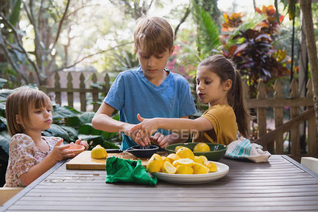 Niño y dos hermanas jóvenes preparando jugo de limón para limonada en la mesa de jardín - foto de stock