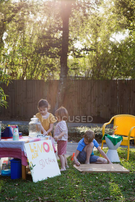Ragazzo e due giovani sorelle che preparano stand limonata in giardino — Foto stock