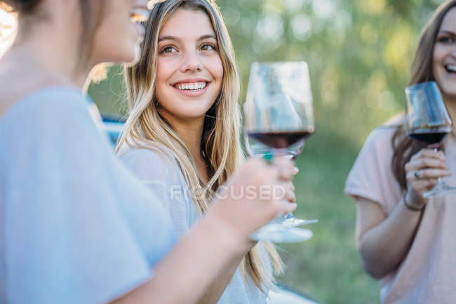 Друзі п'ють вино посміхаючись — стокове фото