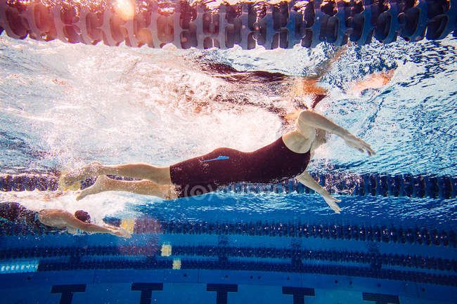 Nuotatori in piscina, vista laterale — Foto stock