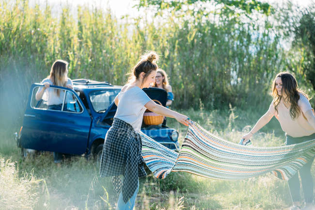Friends laying picnic blanket — Stock Photo