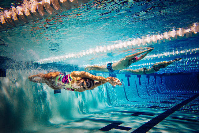 Nadadores haciendo freestyle en el carril - foto de stock