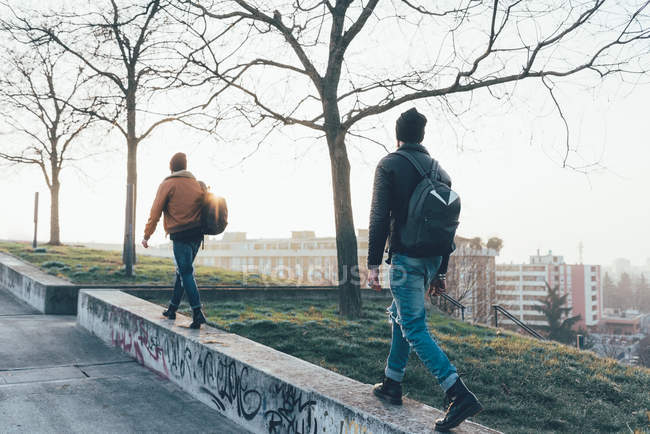 Hipsters masculins marchant le long du mur du parc — Photo de stock