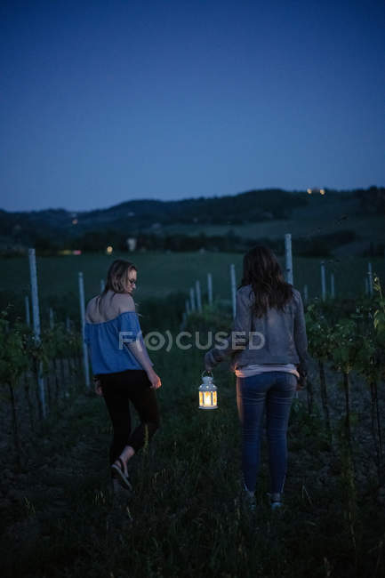 Turistas en viñedo, Toscana, Italia - foto de stock