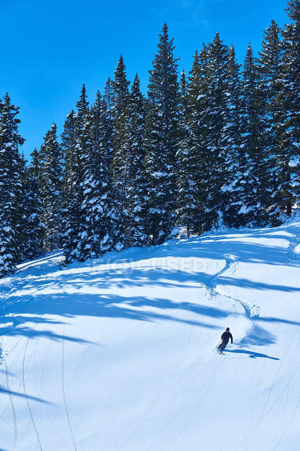 Hombre esquiando abajo - foto de stock