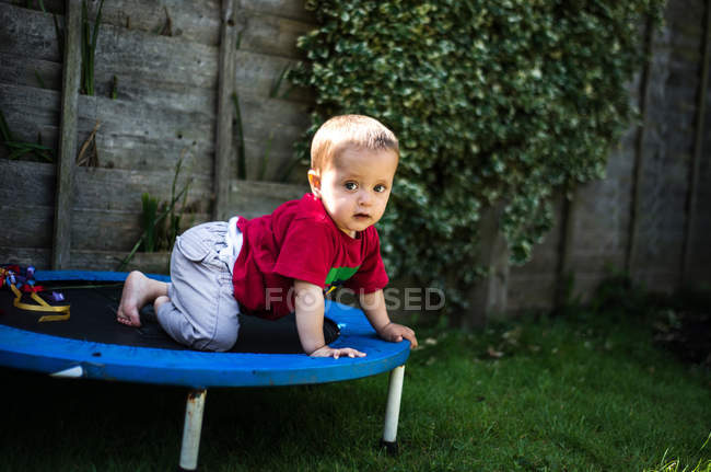 Baby boy crawling on trampoline — Stock Photo