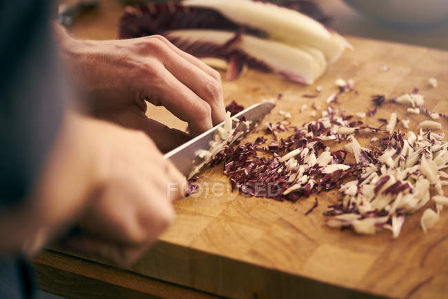 Chef tranchant la salade — Photo de stock