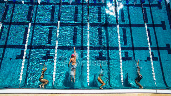 Vue aérienne des nageurs dans la piscine — Photo de stock
