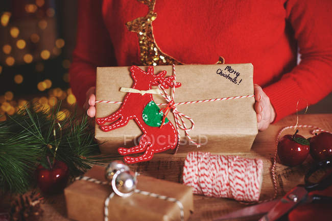 Femme tenant cadeau de Noël — Photo de stock