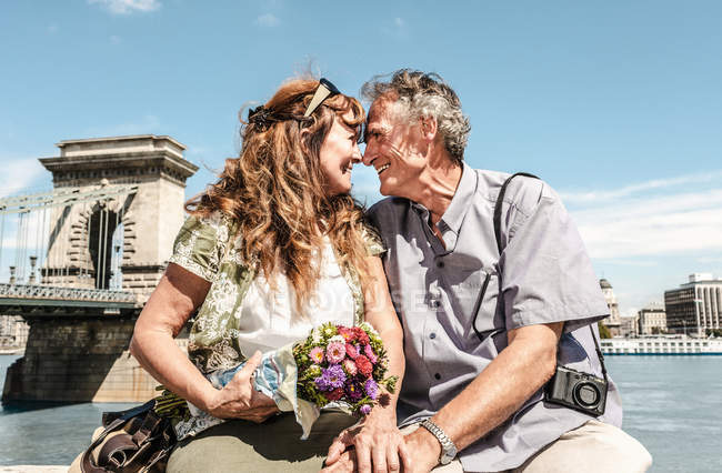 Pareja tocando narices en puente - foto de stock