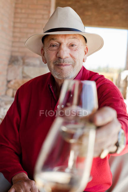Hombre mayor tintineo copa de vino - foto de stock