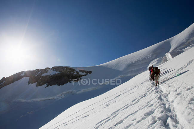 Backpackers walking on snowy mountains — Stock Photo