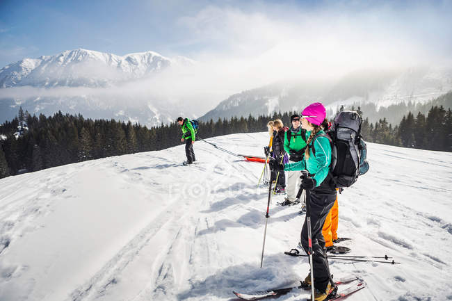 Gruppo di persone che sciano sugli alberi — Foto stock