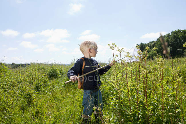 Menino de pé no campo com rede de borboleta — Fotografia de Stock