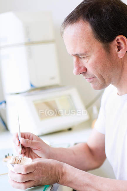 Dentista trabajando en dentaduras postizas - foto de stock