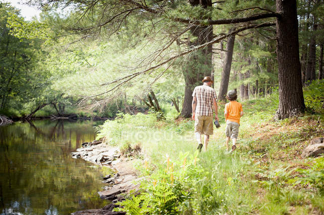 Padre e hijo caminando en el bosque - foto de stock