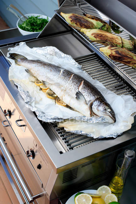 Fish cooking on outdoor grill — Stock Photo