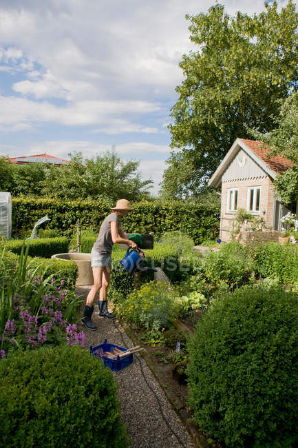 Жінка садівництво на задньому дворі, вибірковий фокус — стокове фото