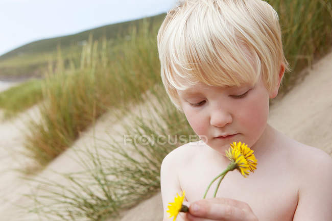 Niño sosteniendo flores en la duna de arena - foto de stock