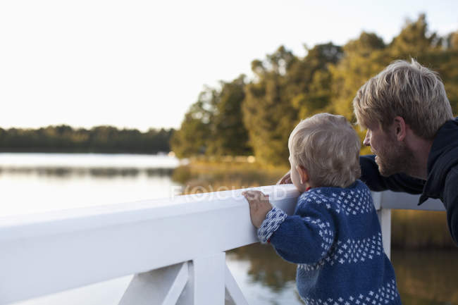 Батько і син дивляться на озеро — стокове фото