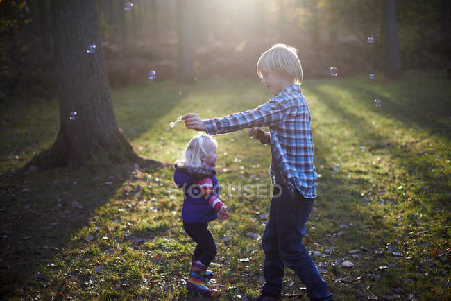 Хлопчик дме бульбашки для дівчинки-малятка в сонячному лісі — стокове фото