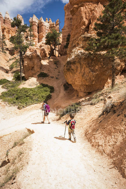 Madre e hijo, haciendo senderismo en el Queens Garden / Navajo Canyon Loop en el Parque Nacional Bryce Canyon, Utah, EE.UU. - foto de stock