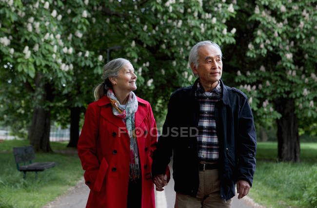 Пара пожилых людей прогулка в парке — стоковое фото