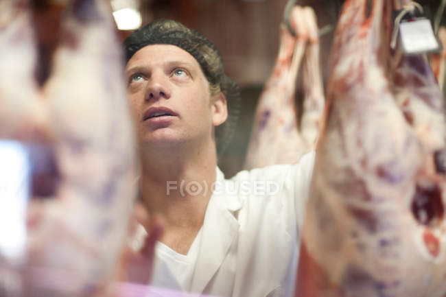 Retrato del carnicero macho inspeccionando la carne - foto de stock