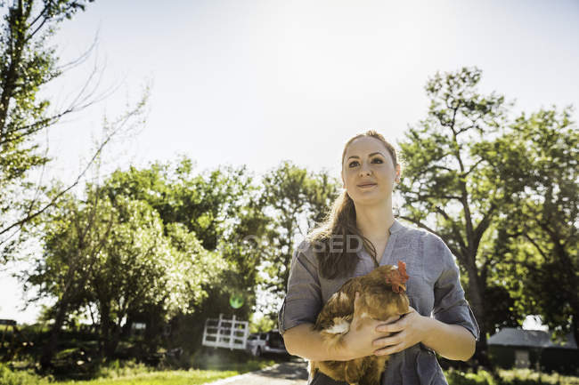 Mujer sosteniendo pollo mirando lejos sonriendo - foto de stock