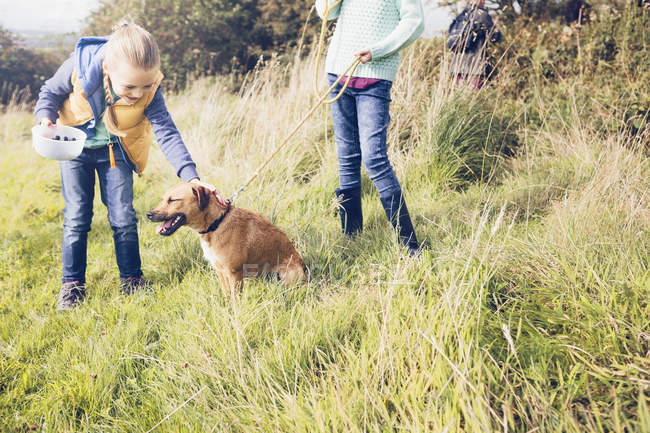 Girls stroking dog in countryside garden — Stock Photo