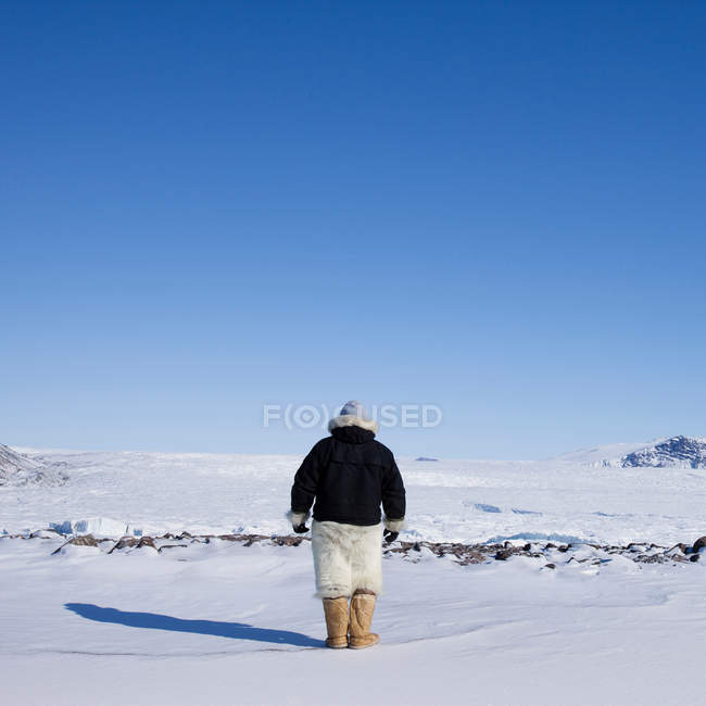 Вид сзади на человека, идущего в снежном ландшафте — стоковое фото