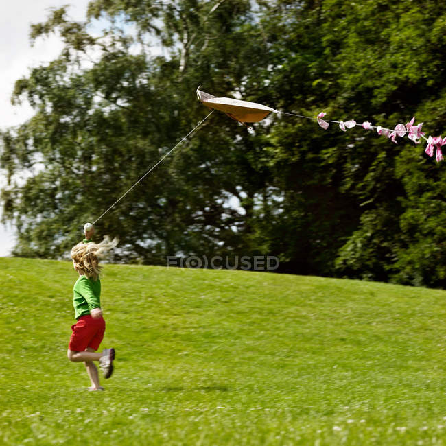 Fille cerf-volant volant dans le champ — Photo de stock
