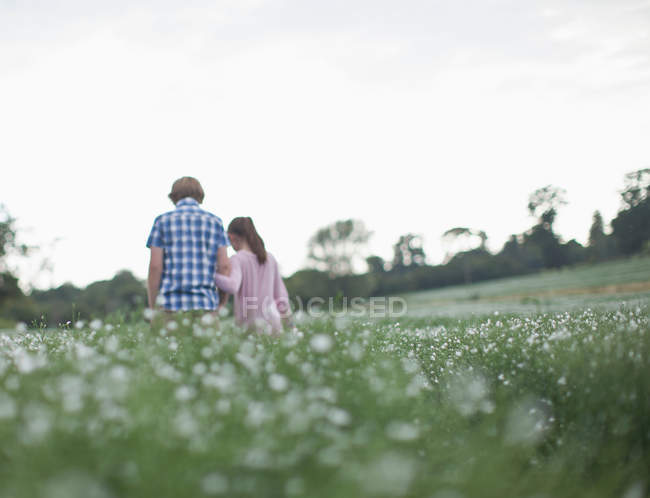 Couple marchant dans le champ de fleurs — Photo de stock